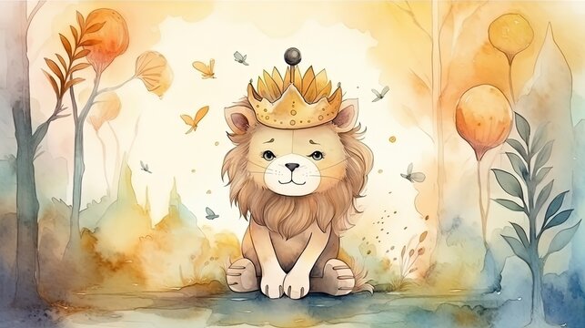 watercolor style illustration of happy lion cub in flower blossom garden, idea for home wall decor, kid room, Generative Ai