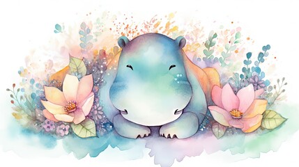 Obraz na płótnie Canvas watercolor style illustration of happy hippo in flower blossom garden, idea for home wall decor, kid room, Generative Ai