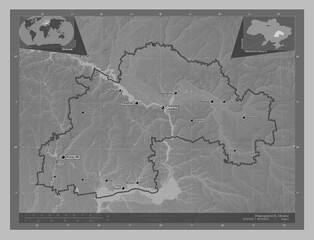 Dnipropetrovs'k, Ukraine. Grayscale. Labelled points of cities