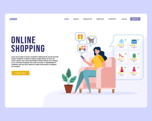 Young woman sitting on the sofa and ordering products, online shopping perfect for web design, banner, mobile app, landing page.