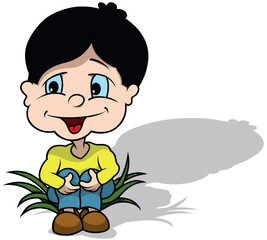 Black Haired Boy in Yellow T-shirt Sitting in Grass