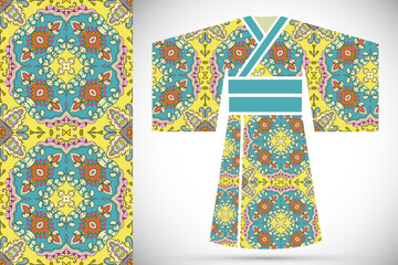 Fashion art collection, colorful illustration. Stylized Japanese kimono ethnic clothes and decorative seamless pattern for textile fabric, paper print, invitation or business card design.
