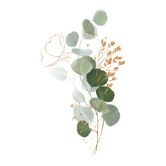 Watercolor bouquet of leaves and eucalyptus branch with golden line. Botanical herbal illustration isolated on transparent background for prints, fabric, wallpapers, postcards, greeting cards, wedding