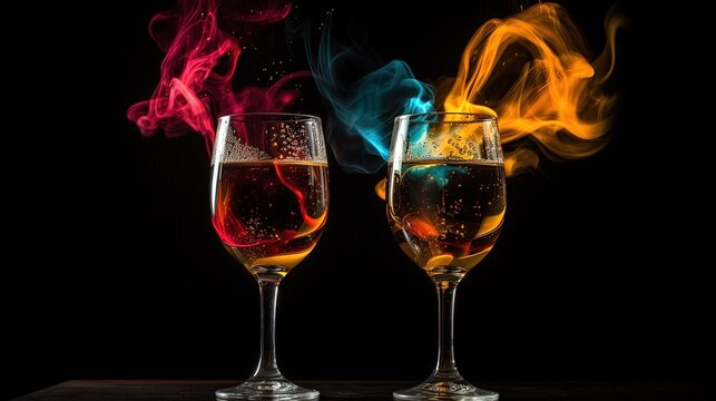 two wine glasses with smoke flame or energy emerge from inside, Generative Ai