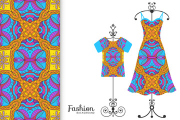 Fototapeta na wymiar Fashion art collection, vector illustration. Colorful seamless pattern, t-shirt and women's dress model on a hanger. Isolated design elements for fabric textile or paper print, invitation card design