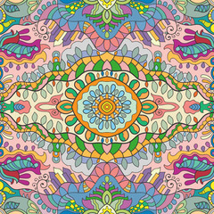 Hand drawn seamless graphic pattern, colorful artistic background with floral and geometric elements. Doodle ethnic mandala ornament for textile fabric, paper print. Surface texture 