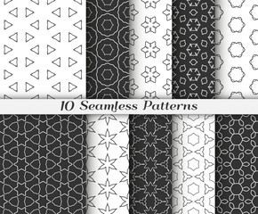 Seamless pattern set in arabic style. Stylish black and white graphic, geometric linear background. Line art texture for wallpaper, card, invitation, banner, fabric print. Ethnic ornament