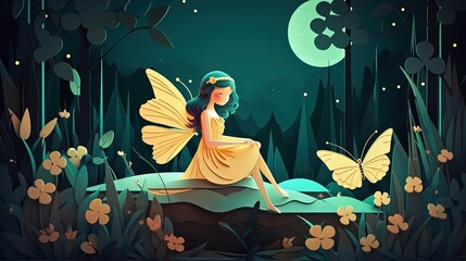 paper craft style illustration of fairytale cute little fairy sitting in flowers field garden at night time, Generative Ai
