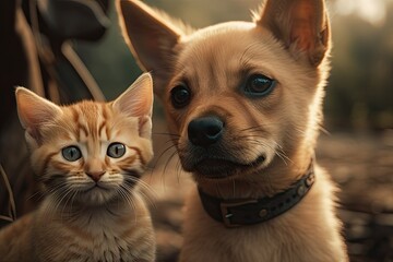 Friendship of puppy and kitten. Puppy and kitten together. The best friends. Generative AI