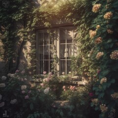 Fototapeta na wymiar Vintage windows with open wooden shutters and fresh flowers. .Created with generative AI