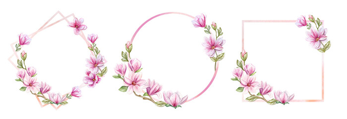 Floral geometric frames, wreaths. Spring magnolia flowers. Watercolor illustration isolated on white background © Yuliia