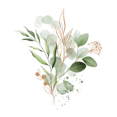 Watercolor bouquet of leaves and eucalyptus branch with golden line. Botanical herbal illustration for prints, packaging, fabric, wrappers, wallpapers, postcards, greeting cards, wedding invitations. 