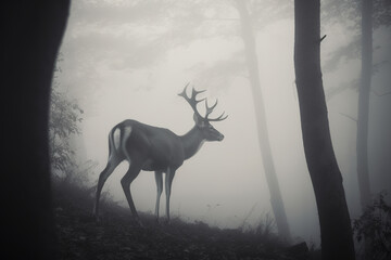 a deer in a misty forest. Created with Generative AI Technology	