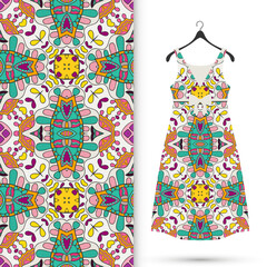 Vector fashion illustration. Women's dress model on a hanger and colorful seamless pattern for textile fabric or paper print. Party dress design, Summer cloth collection, isolated elements