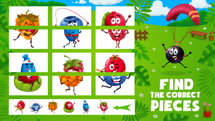 Fototapeta premium Find the correct pieces game. Cartoon berry characters on summer party. Connect piece riddle vector worksheet or part search kids game with raspberry, honeysuckle and blueberry, dogwood, cowberry
