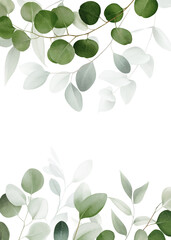 Watercolor bouquet of leaves and eucalyptus branch. Botanical herbal illustration for wedding or greeting card. Hand painted spring composition for prints, wallpapers, postcards, greeting cards