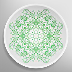Decorative plate with round ornament in ethnic style. Mandala circular abstract geometric floral pattern. Fashion background with ornate dish. Interior home decor, vector illustration