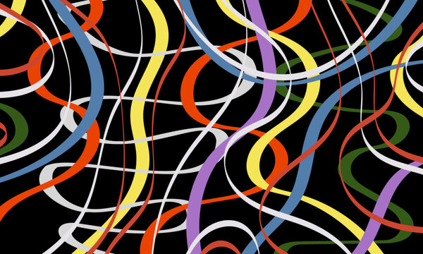 Abstract colorful pattern of wavy lines on a black background. Composition in the form of an arbitrary multi-colored background.Vector illustration,EPS 10.Hippie and psychedelic.Copy space.Funky style