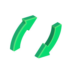 3D Green Refresh circle arrows. Vector isometric round reload arrow icon isolated on white background. 3D recycle design element for app, web, advert.