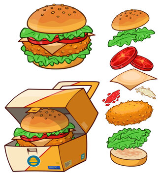 Chicken Burger, Chicken Burger Box And Chicken Burger Ingredients Vector Illustration