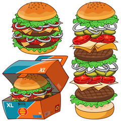 Hamburger, hamburger box and hamburger ingredients vector cartoon illustration