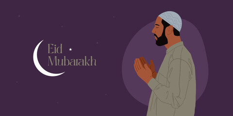 Fototapeta premium Eid Mubarak text with an Islamic holiday illustration template of a Muslim man praying salat or namaz 
