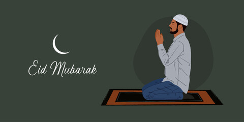 Eid Mubarak text with an Islamic holiday illustration template of a Muslim man praying salat or namaz 
