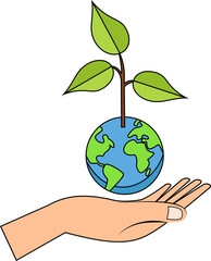 hand holding small earth and plant seeds. happy earth day banner illustration