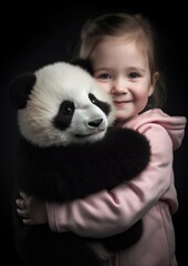 Obraz premium Happy cute little girl hugging a baby panda in studio shot.