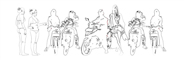 Digital illustration of ojeg base and prospective tourist passengers in Bali. (Ojeg is an Indonesian term for informal public transportation, motorbikes with short-distance routes)