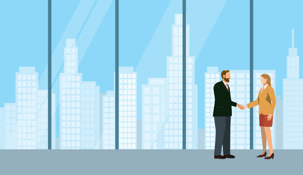 ビジネスの商談のイメージのイラスト。巨大なオフィスで握手をするビジネスマン