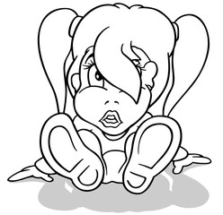 Drawing of a Ponytailed Little Girl Sitting on the Ground