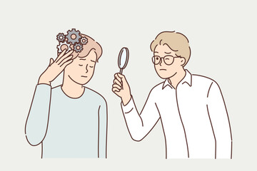 Man with mess in head near psychologist using magnifying glass analyzing patient problem
