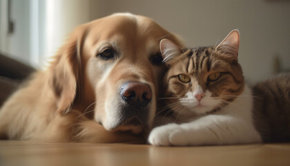 Pets cat and dog hugging together at home, animal friendship in the family. Generative AI