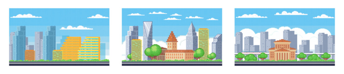 Pixel art landscape. Urban street view, 8 bit city park road, with background buildings and apartments in pixel art, pixel cityscape. Pixelated scene, pixelation gaming playing level, 8 bit city