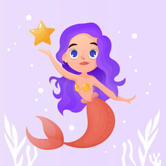 Pretty mermaid vector cartoon illustration