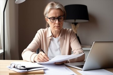Middle-Aged Female Accountant in Eyewear: Remote Work for Outsourced Bookkeeping Services, Engaged in Financial Calculations and Paperwork. Generative AI