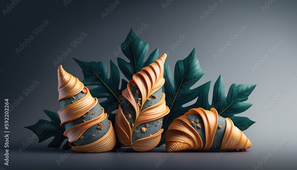 Wall mural On a muted gray backdrop, a trio of flaky French croissants is adorned with three leaves. Generative AI - Wall murals