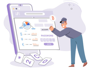 Hacker activity. Hacking computer. Phishing account, steal data, cyber attack. Stealing password. Cyber crime, theft personal information, cyber security spy access. Internet fraud scenes set metaphor