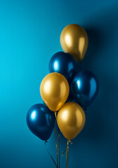 A collection of shiny blue and gold balloons against a deep blue backdrop, conveying a sense of celebration and luxury.