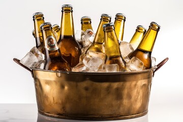 cold bottles of beer in bucket with ice on wooden table - generative AI - obrazy, fototapety, plakaty