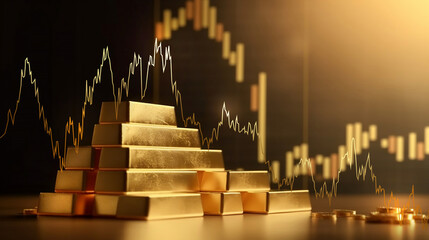 Gold bar stack and investment stock graph business concept on gold particles background with growth financial money exchange chart coin treasure. Generative AI. - obrazy, fototapety, plakaty