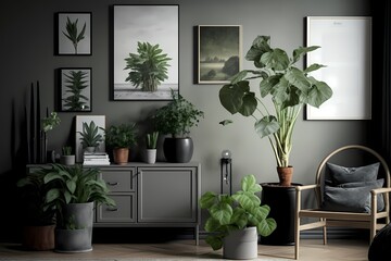 A simple interior space in ash gray with four picture frames on the wall, furniture, and plants is used to display posters