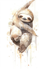 Watercolor Sloth On Only White Background Minimalist Color Splash And Dripping  Generative Ai Digital Illustration Part#130423