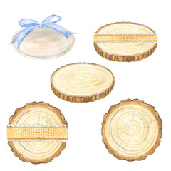Ring plate, wooden ring slab for a rustic wedding. Watercolor hand drawn wedding decor illustrations. Clipart set isolated on white background.