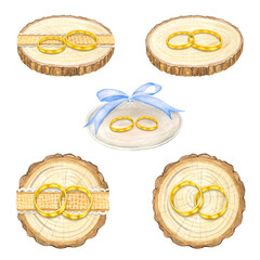 Rings on a plate, wooden ring slab for a rustic wedding. Watercolor hand drawn wedding decor illustrations. Wedding clipart set isolated on white background.