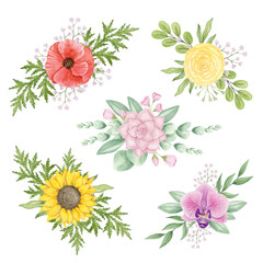 Floral arrangement for wedding in traditional, vintage and rustic style. Watercolor botanical hand drawn wedding decor illustrations. Set of wedding vintage clipart isolated on white background.