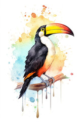Watercolor Toucan On Only White Background Minimalist Color Splash And Dripping  Generative Ai Digital Illustration Part#130423