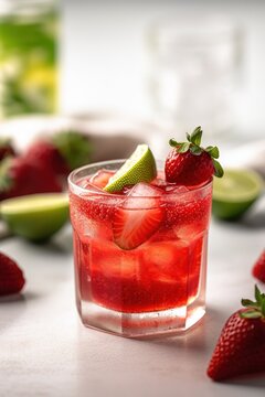 Strawberry fresh cocktail. Fresh summer cocktail with strawberry and ice cubes. Strawberry soda glass - Generative AI