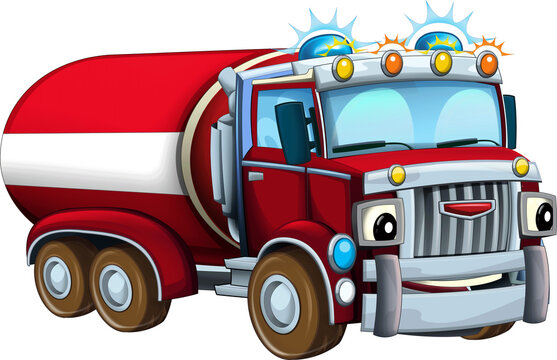 Cartoon happy and funny fireman cistern truck - illustration for children